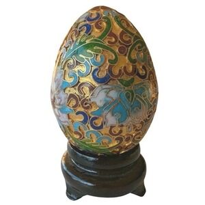 Vintage Cloisonné Enamel Egg on Stand Multicolor Floral Gold Tone Decorative Art